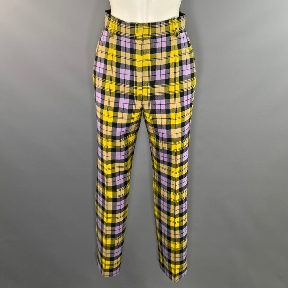 VERSACE FW2018 Size 4 Yellow Lavender Wool Plaid Tapered Casual Pants